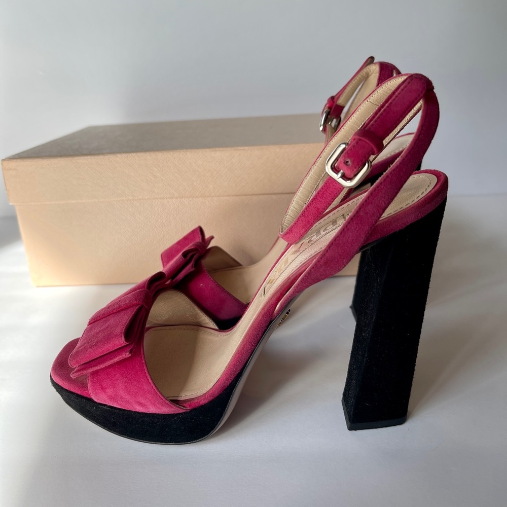 Prada Pink Suede Platform Sandals with Black Block Heel no box - Picture 5 of 10